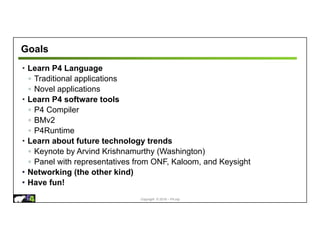 Copyright © 2018 – P4.org
Goals
• Learn P4 Language
◦ Traditional applications
◦ Novel applications
• Learn P4 software tools
◦ P4 Compiler
◦ BMv2
◦ P4Runtime
• Learn about future technology trends
◦ Keynote by Arvind Krishnamurthy (Washington)
◦ Panel with representatives from ONF, Kaloom, and Keysight
• Networking (the other kind)
• Have fun!
 