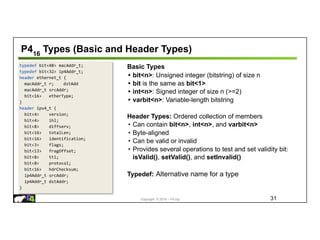 Copyright © 2018 – P4.org
typedef bit<48> macAddr_t;
typedef bit<32> ip4Addr_t;
header ethernet_t {
macAddr_t r; dstAdd
macAddr_t srcAddr;
bit<16> etherType;
}
header ipv4_t {
bit<4> version;
bit<4> ihl;
bit<8> diffserv;
bit<16> totalLen;
bit<16> identification;
bit<3> flags;
bit<13> fragOffset;
bit<8> ttl;
bit<8> protocol;
bit<16> hdrChecksum;
ip4Addr_t srcAddr;
ip4Addr_t dstAddr;
}
P416
Types (Basic and Header Types)
31
Basic Types
• bit<n>: Unsigned integer (bitstring) of size n
• bit is the same as bit<1>
• int<n>: Signed integer of size n (>=2)
• varbit<n>: Variable-length bitstring
Header Types: Ordered collection of members
• Can contain bit<n>, int<n>, and varbit<n>
• Byte-aligned
• Can be valid or invalid
• Provides several operations to test and set validity bit:
isValid(), setValid(), and setInvalid()
Typedef: Alternative name for a type
 
