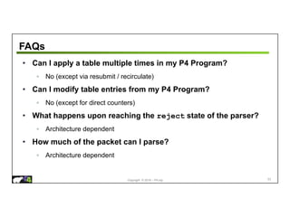 Copyright © 2018 – P4.org
FAQs
• Can I apply a table multiple times in my P4 Program?
◦ No (except via resubmit / recirculate)
• Can I modify table entries from my P4 Program?
◦ No (except for direct counters)
• What happens upon reaching the reject state of the parser?
◦ Architecture dependent
• How much of the packet can I parse?
◦ Architecture dependent
53
 