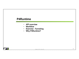Copyright © 2018 – P4.org, ONF
P4Runtime
• API overview
• Workflow
• Exercise - Tunneling
• Why P4Runtime?
65
 