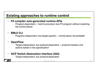 Copyright © 2018 – P4.org, ONF
Existing approaches to runtime control
• P4 compiler auto-generated runtime APIs
◦ Program-dependent -- hard to provision new P4 program without restarting
the control plane!
• BMv2 CLI
◦ Program-independent, but target-specific -- control plane not portable!
• OpenFlow
◦ Target-independent, but protocol-dependent -- protocol headers and
actions baked in the specification!
• OCP Switch Abstraction Interface (SAI)
◦ Target-independent, but protocol-dependent
67
 