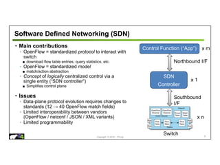 Copyright © 2018 – P4.org
Software Defined Networking (SDN)
8
• Main contributions
◦ OpenFlow = standardized protocol to interact with
switch
■ download flow table entries, query statistics, etc.
◦ OpenFlow = standardized model
■ match/action abstraction
◦ Concept of logically centralized control via a
single entity (“SDN controller”)
■ Simplifies control plane
• Issues
◦ Data-plane protocol evolution requires changes to
standards (12 → 40 OpenFlow match fields)
◦ Limited interoperability between vendors
(OpenFlow / netconf / JSON / XML variants)
◦ Limited programmability
SDN
Controller
Switch
Southbound
I/F
Northbound I/F
Control Function (“App”)
x n
x m
x 1
 