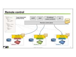 Copyright © 2018 – P4.org, ONF
Remote control
85
P4Runtime
control server
Target driver
Vendor A
P4Runtime
control server
Target driver
Vendor B
P4Runtime
control server
Target driver
Vendor C
Remote control plane
OSPF BGP
P4-defined
custom protocol
etc.
table_entry {
table_id: 33581985
match {
field_id: 1
lpm {
value: "f000...
prefix_len: 8
}
}
action {
action_id: 16786453
params {
param_id: 1
value: "0000...
}
params {
param_id: 2
value: 7
}
}
}
Target-independent
protobuf format
p4info p4info p4info
p4info
 