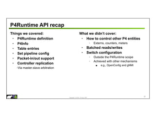 Copyright © 2018 – P4.org, ONF
P4Runtime API recap
Things we covered:
• P4Runtime definition
• P4Info
• Table entries
• Set pipeline config
• Packet-in/out support
• Controller replication
◦Via master-slave arbitration
87
What we didn’t cover:
• How to control other P4 entities
◦ Externs, counters, meters
• Batched reads/writes
• Switch configuration
◦ Outside the P4Runtime scope
◦ Achieved with other mechanisms
■ e.g., OpenConfig and gNMI
 