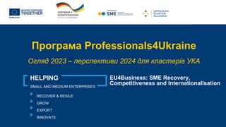 Програма Professionals4Ukraine
Огляд 2023 – перспективи 2024 для кластерів УКА
HELPING
SMALL AND MEDIUM ENTERPRISES
RECOVER & RESILE
GROW
EXPORT
INNOVATE
EU4Business: SME Recovery,
Competitiveness and Internationalisation
 