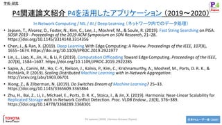 日本P4ユーザー会 （2020）
学術・研究
In Network Computing / ML / AI / Deep Learning （ネットワーク内でのデータ処理）
• Jepsen, T., Alvarez, D., Foster, ...