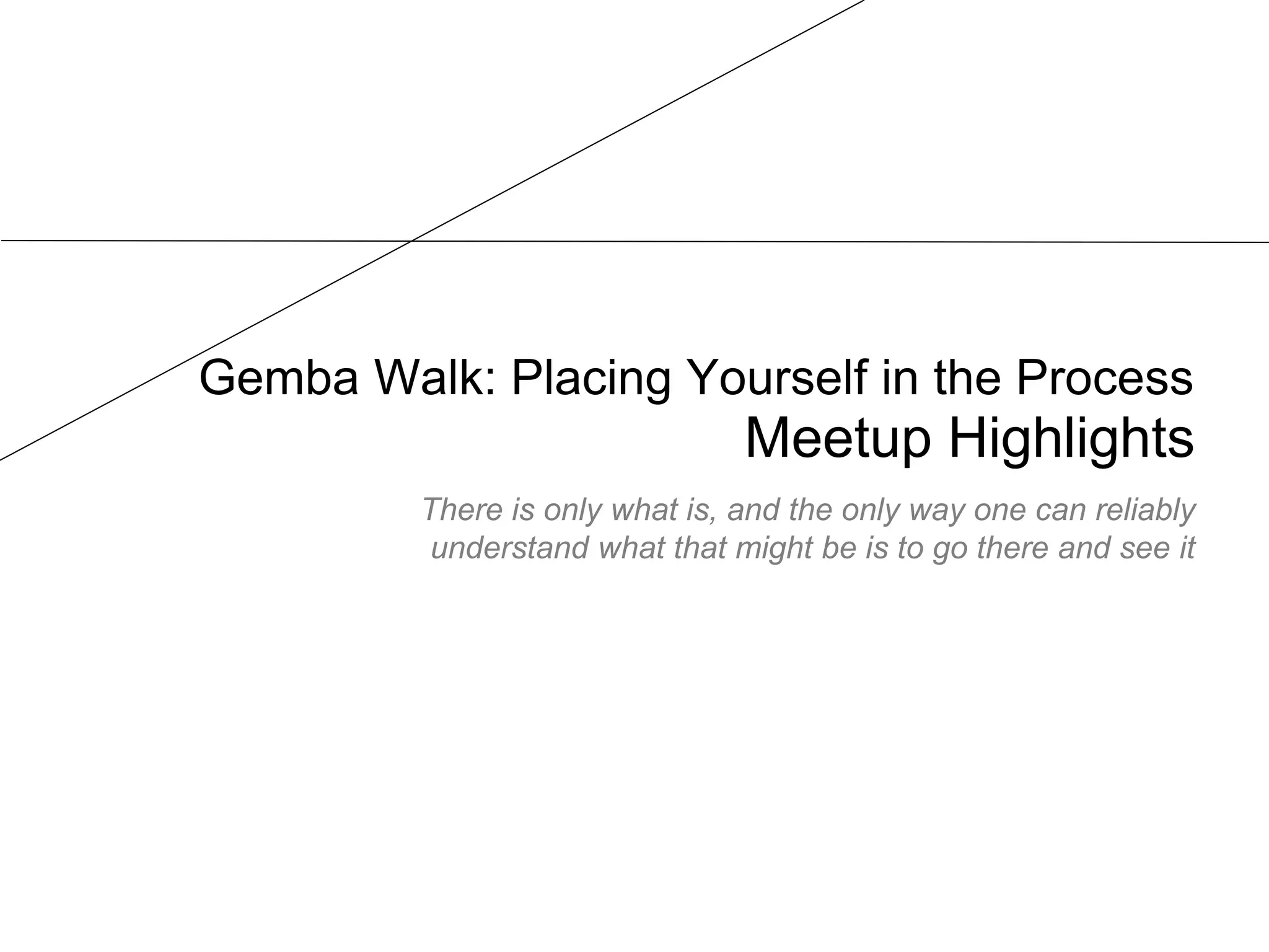 Gemba Walk: Placing Yourself in the Process
Meetup Highlights
There is only what is, and the only way one can reliably
understand what that might be is to go there and see it
 