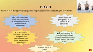 DIARIO
Responde en tu diario personal las siguientes preguntas de reflexión. Puedes dibujar si así lo decides.
¿Por qué crees que es
importante comprender
los acontecimientos más
relevantes de la
humanidad?
¿Cómo puedo ser
protagonista en la
historia de mi
comunidad?
¿Cómo te ves en el
futuro?
● ¿Te sientes capaz de
transformar tu realidad
desde el conocimiento de la
historia, ciencia, tecnología
y arte?
● ¿Cómo puedes
utilizar tus capacidades
para generar un
pensamiento crítico
sobre la historia y la
tecnología?
14
 