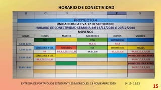 HORARIO DE CONECTIVIDAD
ENTREGA DE PORTAFOLIOS ESTUDIANTILES MIÈRCOLES 18 NOVIEMBRE 2020 14:15- 15:15
15
 