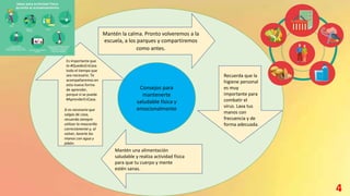 Consejos para
mantenerte
saludable física y
emocionalmente
Mantén la calma. Pronto volveremos a la
escuela, a los parques y compartiremos
como antes.
Recuerda que la
higiene personal
es muy
importante para
combatir el
virus. Lava tus
manos con
frecuencia y de
forma adecuada.
Mantén una alimentación
saludable y realiza actividad física
para que tu cuerpo y mente
estén sanas.
Es importante que
te #QuedesEnCasa
todo el tiempo que
sea necesario. Te
acompañaremos en
esta nueva forma
de aprender,
porque sí se puede
#AprenderEnCasa.
Si es necesario que
salgas de casa,
recuerda siempre
utilizar la mascarilla
correctamente y, al
volver, lavarte las
manos con agua y
jabón.
4
 