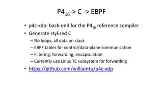 P416-> C -> EBPF
• p4c-xdp: back-end for the P416 reference compiler
• Generate stylized C
– No loops, all data on stack
– EBPF tables for control/data-plane communication
– Filtering, forwarding, encapsulation
– Currently use Linux TC subsystem for forwarding
• https://github.com/williamtu/p4c-xdp
 
