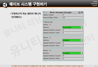 본 자료는 유니티 러닝센터 수강생을 위한 수업 교재로, 저작권은 유니티테크놀로지스코리아가 소유하고 있습니다.
구현하고자 하는 웨이브 매니저
인터페이스
웨이브 시스템 구현하기
 