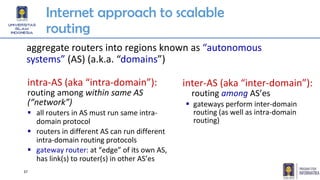 Internet approach to scalable
routing
aggregate routers into regions known as “autonomous
systems” (AS) (a.k.a. “domains”)
inter-AS (aka “inter-domain”):
routing among AS’es
▪ gateways perform inter-domain
routing (as well as intra-domain
routing)
intra-AS (aka “intra-domain”):
routing among within same AS
(“network”)
▪ all routers in AS must run same intra-
domain protocol
▪ routers in different AS can run different
intra-domain routing protocols
▪ gateway router: at “edge” of its own AS,
has link(s) to router(s) in other AS’es
37
 