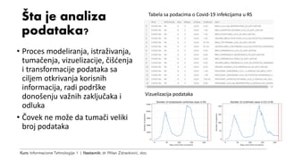 Kurs: Informacione Tehnologije 1 | Nastavnik: dr Milan Zdravković, doc.
Šta je analiza
podataka?
• Proces modeliranja, istraživanja,
tumačenja, vizuelizacije, čišćenja
i transformacije podataka sa
ciljem otkrivanja korisnih
informacija, radi podrške
donošenju važnih zaključaka i
odluka
• Čovek ne može da tumači veliki
broj podataka
Tabela sa podacima o Covid-19 infekcijama u RS
Vizuelizacija podataka
 