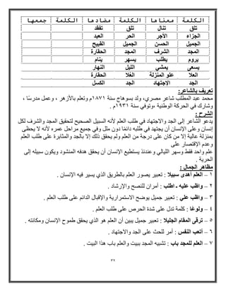 32 
انكه خً يؼ بُ بْ انكه خً يضبد بْ انكه خً ج ؼً بٓ 
ر نِ ر ب٘ رٍ نِ رلول 
ا غُياء الأعو ا ؾُو ا ؼُجل 
ا غُ ٤ٔ اَ ؾُ اَٖ غُ ٤ٔ اَ وُج ٤ؼ 
ا غُٔل ا وُْف ا غُٔل ا ؾُوبهح 
٣وٝ ٣ّط تِ ٣ َٜو ٣ ب٘ ٣ ؼَ ٢ْٔ ٣ ٠ ا ٤ُِ اَ ُٜ٘به 
ا ؼُلا ػ ِٞ ا ئُ٘ خُ ا ؼُُلا ا ؾُوبهح 
ا غُل الإعزٜبك ا غُل ا رؼو ٣ق ثب بُْػو: 
حِ ػج ا طٌّ تٍ شبػر ظِرٞ، ٚ ثطٛ ب٘ط ض خٕ 1871 ٚرؼ ثبلأز ر٘ ، ٚػ راضب ، 
. ٚشبرن فٟ ا حٌروخ ا ٌٛؽ ١ٕخ ،ٚرٛفٟ ض خٕ 1931 
ا وُْػ : 
٠ ػٛ ا شٌبػر إ ٌٝ ا وٌ ٚالاجزٙبا فٟ ؽ تٍ ا ؼٌ لأ ا طٌج ١ اظٌح ١ح زٌحم ١ك ا وٌّ ٚا شٌرف ىٌ إ طٔب ٚػ ٍٝ الإ طٔب أ ٠وزٙ فٟ ؽ جٍ اائابّ اٚ ٚفٟ ج ١ّغ رِاث ػ رّ لأ لا ٠حظٝ 
ث سّٕ خٌ ػب ١ٌخ إلا وب ػ ٍٝ ارجخ ا ؼٌ ٚ ٠حمك ذ هٌ إلا ثب وٌ ٚا ضٌّبثرح ػ ٍٝ ؽ تٍ ا ؼٌ ٚػ الإلزظبر ػ ٍٝ 
ػ ٚاث فمؾ ٚضٙر ا ١ٌٍب ٌٟ ٚػ ئا ٠طزط ١غ الإ طٔب أ ٠حمك ف ا شٌّٕٛا ٚ ٠ىٛ ضج ١ إ ٌٝ 
ا حٌر ٠خ . 
ظٓبٛو ا غُ بٔ : 
1 ا ؼُ أٛلٟ جٍ ٤لا : رؼج ١ر ٠ظٛر ا ؼٌ ثب طٌر ٠ك ا اٌٞ ٠ط ١ر ف ١ الإ طٔب . – 
2 ٝاظت ػ ٤ِٚ ـ اٛ تِ : أ رِا ظٌٍٕح ٚالإرشبا . – 
٠ٛػح الاضز رّار ٠خ ٚالإلجبي ا ائ ػ ٍٝ ؽ تٍ ا ؼٌ . – 3 ٝاظت ػ ٢ِ : رؼج ١ر ج ١ّ 
4 ٝ ُٞػًب : و خٍّ ر ي ػ ٍٝ ش ح ا حٌرص ػ ٍٝ ؽ تٍ ا ؼٌ . – 
٠ج ١ أ ا ؼٌ ٛ٘ ا اٌٞ ٠حمك ؽ ّٛح الإ طٔب ٚ ىِب زٔ . – 5 روه ٠ ا ؤُب ا غُ ٤ِلا : رؼج ١ر ج ١ّ 
6 أرؼت ا لُ٘ : أ رِ حٌٍش ػ ٍٝ ا وٌ ٚالاجزٙبا . – 
7 ا ؼُ غُِٔل ثبة : رشج ١ ا وٌّ ثج ١ذ ٚا ؼٌ ثبة ا٘ا ا جٌ ١ذ . – 
 