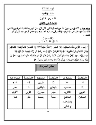 34 
ؼٓب ٠ٗ ا لُٔوكاد 
ا ُٞؽلح ا ضُب ضُخ 
ػبكاد ٝروب ٤ُل 
انذسس الأ لٔ 
الاعتدال ف الإنفاق 
مقدمة : الإ لٗبم ك ٢ جٍ ٤ اللّ أػ بٔ ا قُ ٤و ا زُ ٢ ري ٣ل ا وُٝاثٜ الاعز بٔػ ٤خ ث ٤ ا بُ٘ نُ يُ ؽش الإ لٍا ػ ٠ِ الا زُيا ثبلإ لٗبم ك ٢ بَٓهٙ ا ؾُٖ ٤ؼ ٝالاػزلا ك ٤ٚ ٝػل ا زُجن ٣و أٝ 
ا زُوز ٤و . 
)ان صُ ( 
لبل الله رؼبنى 
انكه خً يؼ بُ بْ انكه خً ج ؼً بٓ انكه خً يضبد بْ 
آت أعط ذا ذووف آت امنع 
ذا صاحب شيطاف شياطيف ذا عدو 
القربى الأقارب مبذر مبذروف القربى الأغ ا رب 
المسكيف الخاضع 
والضعيؼ 
و الذليؿ 
رحمة رحمات تبذر تبخؿ 
" وَآتِ ذَا الْقُرْبَى حَ قَّوُ وَالْمِسْكِيفَ وَابْفَ السَّبِيؿِ وَلاَ تُبَذِّرْ تَبْذِي ا رً} 66 { إِفَّ الْمُبَذِّرِيفَ كَانُواْ إِخْوَافَ الشَّيَاطِيفِ 
وَكَافَ الشَّيْطَافُ لِرَبِّوِ كَفُو ا رً} 67 { واِمَّا تُعْرِضَفَّ عَنْيُـُ ابْتِغَاء رَحْمَةٍ مِّف رَّبِّؾَ تَرْجُوىَا فَقُؿ لَّيُ ـْ قَوْلاً 
مَّيْسُو ا رً} 68 { وَلاَ تَجْعَؿْ يَدَؾَ مَغْمُولَةً إِلَى عُنُقِؾَ وَلاَ تَبْسُطْيَا كُؿَّ الْبَسْطِ فَتَقْعُدَ مَمُوماً مَّحْسُو ا رً} 69 { إِفَّ 
" } رَبَّؾَ يَبْسُطُ الرِّزْؽَ لِمَف يَشَاءُ وَيَقْدِرُ إِنَّوُ كَافَ بِعِبَادِهِ خَبِي ا رً بَصِي ا رً} 03 
 