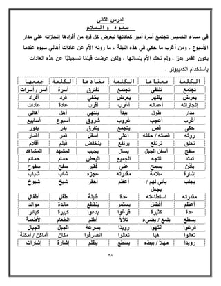 38 
الدرس الثان س أنسلاو 
في مساء الخميس تجتمع أسرة أمير كعادتيا ليعرض كؿ فرد مف أف ا ردىا إنجا ا زتو عمى مدار 
الأسبوع . ومف أغرب ما حكي في ىذه الميمة ، ما روتو الأـ عف عادات أىالي سيوه عندما 
يكوف القمر بد اً ر ، ولـ تحؾِ الأـ بمسانيا ، ولكف عرضت فيممًا تسجيميًا عف ىذه العادات 
باستخداـ الكمبيوتر . 
انكه خً يؼ بُ بْ انكه خً يضبد بْ انكه خً ج ؼً بٓ 
رغز غٔ ر زِو ٢ رغز غٔ رلزوم أ وٍح أ وٍ / أ وٍاد 
٣ؼو ٣ظٜو ٣ؼو ٣قل ٢ كوك أكواك 
ئ غٗبىارٚ أػ بٔ ُٚ أؿوة أهوة ػبكح ػبكاد 
لٓاه ٛٞ ٣جلأ ٣ زٜ٘ ٢ أٛ أٛب ٢ُ 
أؿوة أػغت ؿوٝة وّٝم أ جٍٞع أ بٍث ٤غ 
ؽ ٠ٌ ه ٣زغ غٔ ٣زلوم ثله ثلٝه 
هٝرٚ ه زٖٚ / ؽ زٌٚ أػ ٠ِ أ لٍ ه ؤ أه بٔه 
رؾ نِ رورلغ ٣ورلغ ٣ ق٘ل ك ٤ أكلا لٍؼ أ لٍ ا غُج ٣ أَ ٣غ ٤ت ا ُْٜٔل ا بُْٔٛل 
ر زٔل رزغٚ ا غُ ٤ٔغ ا جُؼ ؽ بٔ ؽ بٔئ ٣أم ٣ ؼَٔ ؿ ٢٘ كو ٤و لٍؼ لٍٞػ 
ئ بّهح ػلا خٓ وٓلهرٚ ػغيٙ بّة جّبة 
٣غ تِ ٣أر ٢ ُٜ / 
٣غؼ أػظ أؽوو ٤ّـ ٤ّٞؿ 
وٓلهرٚ ا زٍطبػزٚ ػلح ه ٤ِ خِ ٛل أٛلب أػظ أكٚ ٣ زَ ؤ ٣ و٘طغ بٓئلح ٞٓائل 
ػلح ضً ٤وح كوؿٞا ثلءٝا جً ٤وح جًبئو 
٣ طَغ ٣ غِٔ / ٣ٚ ٢ء رلألأ أظ ا طُؼب الأٛؼ خٔ 
كوؿٞا ا زٜٗٞا هٝ ٣لًا ث وَػخ ا غُج ا غُجب رؼب ُٞا ٛ ٤ب رؼب ُٞا ا وٖٗكٞا بٌٓ أ بٓ / أ خٌٓ٘ 
هٝ ٣لا ٜٓلاً / ثجٜء ٣ طَغ ٣ظ ئ بّهح ئ بّهاد 
 