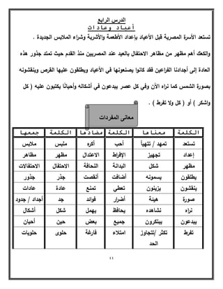 44 
ؼٓب ٠ٗ ا لُٔوكاد 
الدرس الرابع 
أػ بٍد ػٔبداد 
تستعد الأسرة المصرية قبؿ الأعياد بإعداد الأطعمة والأشربة وش ا رء الملابس الجديدة . 
والكعؾ أىـ مظير مف مظاىر الاحتفاؿ بالعيد عند المصرييف منذ القدـ حيث تمتد جذور ىذه 
العادة إلى أجدادنا الف ا رعيف فقد كانوا يصنعونيا في الأعياد ويطمقوف عمييا القرص وينقشونو 
بصورة الشمس كما ن ا ره الآف وفي كؿ عصر يبدعوف في أشكالو وأحيانًا يكتبوف عميو ) كؿ 
واشكر ( أو ) كؿ ولا تفرط ( . 
انكه خً يؼ بُ بْ انكه خً يضبد بْ انكه خً ج ؼً بٓ 
تستعد تميد / تتييأ أحب أكره ممبس ملابس 
إعداد تجييز الإف ا رط الاعتداؿ مظير مظاىر 
مظير شكؿ البدانة النحافة الاحتفاؿ الاحتفالات 
يطمقوف يسمونو أضافت أنقصت جذر جذور 
ينقشوف يزينوف تعطي تمنع عادة عادات 
صورة ىيئة أض ا رر فوائد جد أجداد / جدود 
ن ا ره نشاىده يحافظ ييمؿ شكؿ أشكاؿ 
يبدعوف يبتكروف جميع بعض حيف أحياف 
تفرط تكثر /تتجاوز 
الحد 
امتلاء فارغة حموى حمويات 
 