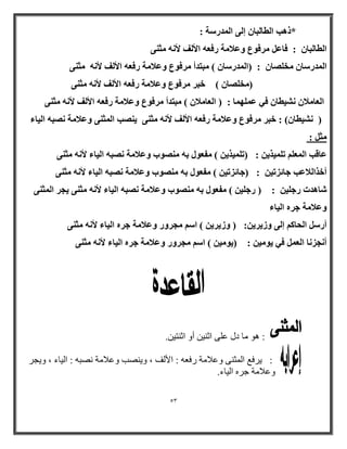 53 
*مٛت ا طُب جُب ئ ٠ُ ا لُٔه خٍ : 
ا طُب جُب : كبػ وٓكٞع ٝػلا خٓ هكؼٚ الأ قُ لأ ٚٗ ضٓ ٠٘ 
ا لُٔه بٍ قٓ بِٖ : )ا لُٔه بٍ ( جٓزلأ وٓكٞع ٝػلا خٓ هكؼٚ الأ قُ لأ ٚٗ ضٓ ٠٘ 
) قٓ بِٖ ( فجو وٓكٞع ٝػلا خٓ هكؼٚ الأ قُ لأ ٚٗ ضٓ ٠٘ 
ا ؼُب لٓا ٤ْٗطب ك ٢ ػ ِٜٔ بٔ : ) ا ؼُب لٓا ( جٓزلأ وٓكٞع ٝػلا خٓ هكؼٚ الأ قُ لأ ٚٗ ضٓ ٠٘ 
٣ تٖ٘ ا ضُٔ ٠٘ ٝػلا خٓ جٖٗٚ ا ٤ُبء ٤ْٗطب (ٕ : فجو وٓكٞع ٝػلا خٓ هكؼٚ الأ قُ لأ ٚٗ ضٓ ٠٘ ( 
ضٓ : 
ػبهت ا ؼُٔ ر ٤ِٔن ٣ : )ر ٤ِٔن ٣ ( لٓؼٞ ثٚ ٖٞٓ٘ة ٝػلا خٓ جٖٗٚ ا ٤ُبء لأ ٚٗ ضٓ ٠٘ 
أفنا لُاػت عبئير ٤ : )عبئير ٤ ( لٓؼٞ ثٚ ٖٞٓ٘ة ٝػلا خٓ جٖٗٚ ا ٤ُبء لأ ٚٗ ضٓ ٠٘ 
٣غو ا ضُٔ ٠٘ بّٛلد هع ٤ِ : ) هع ٤ِ ( لٓؼٞ ثٚ ٖٞٓ٘ة ٝػلا خٓ جٖٗٚ ا ٤ُبء لأ ٚٗ ضٓ ٠٘ 
ٝػلا خٓ عوٙ ا ٤ُبء 
أه ا ؾُب ئ ٠ُ ٝى ٣و ٣ :ٖ ) ٝى ٣و ٣ ( ا غٓوٝه ٝػلا خٓ عوٙ ا ٤ُبء لأ ٚٗ ضٓ ٠٘ 
٣ٞ ٤ٓ ( ا غٓوٝه ٝػلا خٓ عوٙ ا ٤ُبء لأ ٚٗ ضٓ ٠٘ ( : ٣ٞ ٤ٓ أ غٗي بٗ ا ؼُ ك ٢ 
.ٓ : ٛ٘ بِ اي ػ ٍٝ اص ١ٕ أٚ اص زٕ ١ 
٠رفغ ا ضٌّ ٕٝ ٚػام خِ رفؼ : الأ ، ٚ ٠ ظٕت ٚػام خِ ظٔج : ا ١ٌبء ، ٚ ٠ور : 
ٚػام خِ جر ا ١ٌبء. 
 