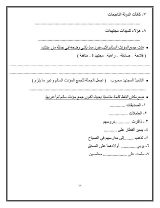 62 
-7 وبفأد ا ٚ خٌ ا بٌٕجحبد 
.......................................................................................... 
-8 ؤ٘لاء ر ١ٍّااد وِزٙ اد 
....................................................................................... 
 ب٘د ج غّ ا ؤٌّ شٔ ا طٌب او فِرا بِّ ٠أرٟ ٚػؼ فٟ ج خٍّ ػ ن: 
) فامثخ طبالخ را ج٘خ وِزٙ ح بِٕفمخ ( – – - - 
........................................................................................................................ 
......................................... .............................................................................. 
 ا زٌ ١ٍّا ا وٌّزٙ حِجٛة ) اجؼ ا وٌ خٍّ وٌٍ غّ ا ؤٌّ شٔ ا طٌب ٚغ ١ر بِ ٠ سٍ ( 
................................................................................................... 
 ػغ ىِب ا مٌٕؾ و خٍّ بِٕضجخ ثح ١ش رىٛ ج غّ ؤِ شٔ ضب ص أػرثٙب 
1 اظٌ ٠مبد ............. - 
2 ا ؼٌب اِمد ................ - 
3 ذاورد .............ارٚضٙ - 
٠ط ١ر ا مٌطبر ػ ٍٝ ........... - 4 
5 را ت٘ ........إ ٌٝ ارضٙ فٟ اظٌجبح - 
٠رثٟ ............ أٚلاا بّ٘ ػ ٍٝ اظٌ ق - 6 
-ٓ7 ض ذٍّ ػ ٍٝ .................... خِظٍ ١ 
 