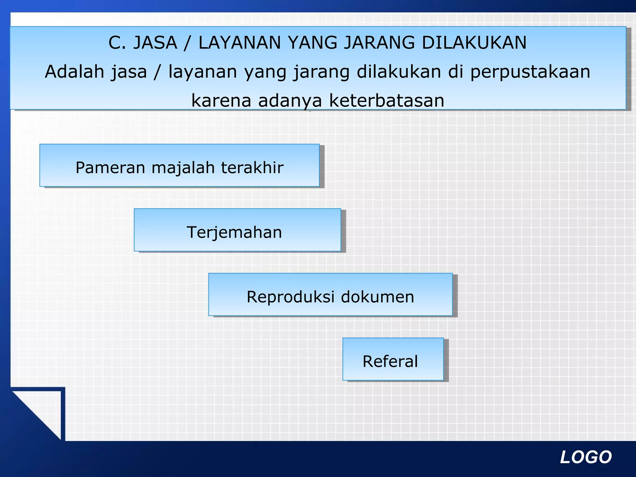 LOGO
C. JASA / LAYANAN YANG JARANG DILAKUKAN
Adalah jasa / layanan yang jarang dilakukan di perpustakaan
karena adanya keterbatasan
C. JASA / LAYANAN YANG JARANG DILAKUKAN
Adalah jasa / layanan yang jarang dilakukan di perpustakaan
karena adanya keterbatasan
Pameran majalah terakhirPameran majalah terakhir
TerjemahanTerjemahan
Reproduksi dokumenReproduksi dokumen
ReferalReferal
 