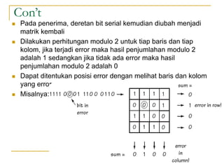 Con’t
 Pada penerima, deretan bit serial kemudian diubah menjadi
matrik kembali
 Dilakukan perhitungan modulo 2 untuk tiap baris dan tiap
kolom, jika terjadi error maka hasil penjumlahan modulo 2
adalah 1 sedangkan jika tidak ada error maka hasil
penjumlahan modulo 2 adalah 0
 Dapat ditentukan posisi error dengan melihat baris dan kolom
yang error
 Misalnya:
 