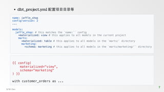 dbt_project.yml 配置项目目录等
name: jaffle_shop
config-version: 2
...
models:
jaffle_shop: # this matches the `name:`` config
+materialized: view # this applies to all models in the current project
marts:
+materialized: table # this applies to all models in the `marts/` directory
marketing:
+schema: marketing # this applies to all models in the `marts/marketing/`` directory
{{ config(
materialized="view",
schema="marketing"
) }}
with customer_orders as ...
S/W-Dev
7
7
 