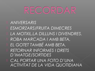  ANIVERSARIS
 ESMORZARS/FRUITA DIMECRES
 LA MOTXIL.LA DILLUNS I DIVENDRES.
 ROBA MARCADA I AMB BETA.
 EL GOTET TAMBÉ AMB BETA.
 RETORNAR INFORMES I DRETS
D’IMATGE/SORTIDES
 CAL PORTAR UNA FOTO D’UNA
ACTIVITAT DE LA VIDA QUOTIDIANA
 