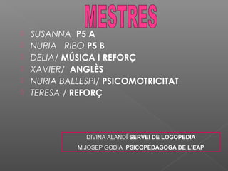 SUSANNA P5 A
 NURIA RIBO P5 B
 DELIA/ MÚSICA I REFORÇ
 XAVIER/ ANGLÈS
 NURIA BALLESPI/ PSICOMOTRICITAT
 TERESA / REFORÇ
DIVINA ALANDÍ SERVEI DE LOGOPEDIA
M.JOSEP GODIA PSICOPEDAGOGA DE L’EAP
 