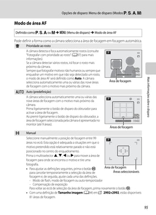 Opções de disparo: Menu de disparo (Modos j, k, l, m)

Modo de área AF
Definido como j, k, l ou m M d (Menu de disparo) M Modo de área AF

Pode definir a forma como a câmara selecciona a área de focagem em focagem automática.
a       Prioridade ao rosto
        A câmara detecta e foca automaticamente rostos (consulte
        "Fotografar com prioridade ao rosto" (A97) para mais
        informações).
        Se a câmara detectar vários rostos, irá focar o rosto mais
        próximo da câmara.
        Sempre que fotografar motivos não humanos ou sempre que
        enquadrar um motivo em que não seja detectado um rosto,               1/250
                                                                              1/25    F5.6   1342




                                                                                                     Mais informações sobre o disparo
        o modo de área AF será definido como Auto. A câmara
        selecciona automaticamente uma ou várias das nove áreas         Área de focagem
        de focagem com o motivo mais próximo da câmara.
a Auto (predefinição)
  A câmara selecciona automaticamente uma ou várias das
  nove áreas de focagem com o motivo mais próximo da
  câmara.
  Prima ligeiramente o botão de disparo do obturador para
  activar a área de focagem.
  Ao premir ligeiramente o botão de disparo do obturador, a
  área de focagem seleccionada pela câmara é apresentada no                  1/250    F5.6   1342
  monitor (até 9 áreas).
                                                                        Áreas de focagem
x       Manual
        Seleccione manualmente a posição de focagem entre 99
        áreas no ecrã. Esta opção é adequada a situações em que o
        motivo pretendido está relativamente parado e não está
        posicionado no centro do enquadramento.
        Prima o multisselector H, I, J ou K para mover a área de
        focagem para onde se encontra o motivo e tire uma
        fotografia.
        • Para ajustar as definições seguintes, prima o botão k        Área de focagem
           para cancelar temporariamente a selecção da área de               Áreas seleccionáveis
           focagem e, de seguida, ajuste cada uma das definições.
           - Modo de flash, modo de focagem ou auto-temporizador
           - Compensação de exposição
           Para voltar ao ecrã de selecção da área de focagem, prima novamente o botão k.
        • Com uma definição de Tamanho imagem (A84) em H 2992×2992, estão disponíveis
           81 áreas de focagem.


                                                                                                    95
 