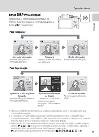 Operações básicas

Botão s (Visualização)
Para alternar as informações apresentadas no
monitor durante o disparo e a reprodução, prima o




                                                                                                                Introdução
botão s (visualização).

Para fotografar




              1/250   F5.6     1342              1/250   F5.6       1342


    Apresentar informações                     Fotograma                          Ocultar informações
Apresentar a fotografia e as          Mostrar o alcance de um filme         Apresentar apenas a fotografia.
informações de disparo.               num fotograma.

Para Reprodução


     15/05/2011 15:30                                     100NIKON
     0004.JPG
                                                              0004.JPG
                                                          P
                                                          1/250 F5.6

                                                                     +1.0
                                                          ISO         200
                             4 132
                                                                4    132

 Apresentar as informações de          Apresentar as informações                  Ocultar informações
          fotografia                          de disparo                    Apresentar apenas a fotografia
Apresentar a fotografia tirada e as      (excepto no caso de filmes)        tirada.
informações da fotografia.            Apresentar marcações1,
                                      histogramas2 e informações de
                                      disparo3.

1 As secções mais brilhantes da fotografia (as secções marcadas) piscam. Utilize as marcações como guia
  quando definir a exposição.
2 O histograma é um gráfico de barras que mostra a distribuição da luminosidade na fotografia. O eixo
  horizontal corresponde à luminosidade dos pixéis, com os tons mais escuros do lado esquerdo e os tons mais
  brilhantes do lado direito. O eixo vertical apresenta o número total de pixéis.
3 As informações de disparo apresentadas incluem o nome da pasta, o nome do ficheiro, o modo de disparo
  utilizado (j, k, l ou m), a velocidade do obturador, o valor de abertura, a compensação de exposição, a
  sensibilidade ISO e o número de ficheiro actual/número total de exposições.
  j é apresentado sempre que seleccionar o modo de disparo A, y, j, e, o, F ou j.
                                                                                                               17
 