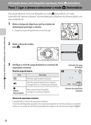 Informações básicas sobre fotografia e reprodução: Modo A (Automático)
                                                                         Passo 1 Ligar a câmara e seleccionar o modo A (Automático)
                                                                         Esta secção descreve como tirar fotografias no modo A (automático), um modo
                                                                         automático de "apontar e disparar" recomendado para utilizadores de câmaras digitais com
                                                                         pouca experiência.

                                                                         1   Retire a tampa da objectiva e prima o botão de
                                                                             alimentação para ligar a câmara.
                                                                             • A objectiva expande ligeiramente e o monitor liga.
Informações básicas sobre fotografia e reprodução: Modo A (Automático)




                                                                         2   Rode o disco de modos
                                                                             para A.

                                                                                                                                             Modo automático




                                                                         3   Verifique o nível de carga da bateria e o número de                   Indicador de carga
                                                                             exposições restantes.                                                         da bateria
                                                                             Nível de carga da bateria
                                                                                    Ecrã                         Descrição
                                                                              b                 Nível de carga da bateria elevado.
                                                                                                Nível de carga da bateria fraco. Prepare o
                                                                              B                                                                   1/250   F5.6   32
                                                                                                carregamento ou a substituição da bateria.
                                                                              N                                                                Número de exposições
                                                                                                Não é possível tirar fotografias.
                                                                              Bateria                                                                      restantes
                                                                                                Carregue ou substitua a bateria.
                                                                              descarregada.

                                                                             Número de exposições restantes
                                                                             É apresentado o número de exposições restantes.
                                                                             O número de fotografias que pode ser armazenado depende da memória restante na memória
                                                                             interna ou no cartão de memória, da qualidade de imagem e do tamanho da imagem (A85).




                                   28
 