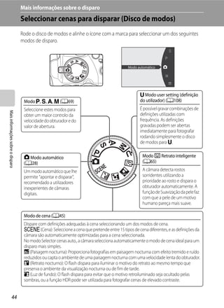 Mais informações sobre o disparo
                                   Seleccionar cenas para disparar (Disco de modos)
                                   Rode o disco de modos e alinhe o ícone com a marca para seleccionar um dos seguintes
                                   modos de disparo.



                                                                                           Modo automático




                                                                                                  M Modo user setting (definição
                                    Modo j, k, l, m (A69)                                         do utilizador) (A108)
                                    Seleccione estes modos para                                   É possível gravar combinações de
Mais informações sobre o disparo




                                    obter um maior controlo da                                    definições utilizadas com
                                    velocidade do obturador e do                                  frequência. As definições
                                    valor de abertura.                                            gravadas podem ser abertas
                                                                                                  imediatamente para fotografar
                                                                                                  rodando simplesmente o disco
                                                                                                  de modos para M.


                                    A Modo automático                                              Modo F Retrato inteligente
                                    (A28)                                                          (A65)
                                    Um modo automático que lhe                                     A câmara detecta rostos
                                    permite "apontar e disparar",                                  sorridentes utilizando a
                                    recomendado a utilizadores                                     prioridade ao rosto e dispara o
                                    inexperientes de câmaras                                       obturador automaticamente. A
                                    digitais.                                                      função de Suavização da pele faz
                                                                                                   com que a pele de um motivo
                                                                                                   humano pareça mais suave.

                                    Modo de cena (A45)
                                    Dispare com definições adequadas à cena seleccionando um dos modos de cena.
                                    y (Cena): Seleccione a cena que pretende entre 15 tipos de cena diferentes, e as definições da
                                    câmara são automaticamente optimizadas para a cena seleccionada.
                                    No modo Selector cenas auto., a câmara selecciona automaticamente o modo de cena ideal para um
                                    disparo mais simples.
                                    j (Paisagem nocturna): Proporciona fotografias em paisagem nocturna com efeito tremido e ruído
                                    reduzidos ou capta o ambiente de uma paisagem nocturna com uma velocidade lenta do obturador.
                                    e (Retrato nocturno): O flash dispara para iluminar o motivo do retrato ao mesmo tempo que
                                    preserva o ambiente da visualização nocturna ou de fim de tarde.
                                    o (Luz de fundo): O flash dispara para evitar que o motivo retroiluminado seja ocultado pelas
                                    sombras, ou a função HDR pode ser utilizada para fotografar cenas de elevado contraste.


                  44
 