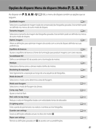 Opções de disparo: Menu de disparo (Modos j, k, l, m)
Ao disparar em j, k, l, m e M (A108), o menu de disparo contém as opções que se
seguem.
Qualidade imagem                                                                           A83
Seleccione a qualidade de imagem (razão de compressão) das fotografias gravadas. Esta também pode
ser definida nos menus de outro modo de disparo.
Tamanho imagem                                                                            A84
Seleccione o tamanho da imagem das fotografias gravadas. Esta também pode ser definida nos menus
de outro modo de disparo.
Optimi. Imagem                                                                              A87
Altere as definições para optimizar imagens de acordo com a cena de disparo definida nas suas
preferências.




                                                                                                     Mais informações sobre o disparo
Equilíbrio de brancos                                                                       A90
Ajustar o equilíbrio de brancos à fonte de iluminação para produzir imagens com cores naturais.
Sensibilidade ISO                                                                        A92
Defina a sensibilidade ISO de acordo com a iluminação do motivo.
Medição                                                                                  A93
Seleccione a forma como a câmara mede o brilho do motivo.
Bracketing de exposição                                                                  A94
Varie ligeiramente a exposição ao longo de uma sequência de fotografias.
Modo de área AF                                                                          A95
Seleccione o modo como determina a área de focagem.
Modo auto focagem                                                                        A101
Seleccione o modo de focagem da câmara.
Comp. exp. Flash                                                                         A101
Ajuste o nível do flash.
Red. ruído na exp. longa                                                                 A102
Reduza o ruído em fotografias tiradas com velocidades lentas do obturador.
D-Lighting activo                                                                        A103
Evite a perda de pormenores nos realces e sombras ao tirar fotografias.
Guardar user settings                                                                    A109
Grave as definições editadas actuais no disco de modos M.
Repor user settings                                                                      A110
Reinicie as definições gravadas em M de acordo com as predefinições.


                                                                                                    81
 