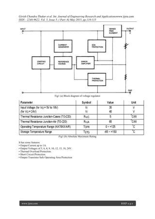 Girish Chandra Thakur et al. Int. Journal of Engineering Research and Applicationswww.ijera.com
ISSN : 2248-9622, Vol. 5, Issue 5, ( Part -6) May 2015, pp.110-115
www.ijera.com 111|P a g e
Fig1 (a) Block diagram of voltage regulator
Fig1 (b) Absolute Maximum Rating
It has some features:
• Output Current up to 1A.
• Output Voltages of 5, 6, 8, 9, 10, 12, 15, 18, 24V.
• Thermal Overload Protection.
• Short Circuit Protection.
• Output Transistor Safe Operating Area Protection
 