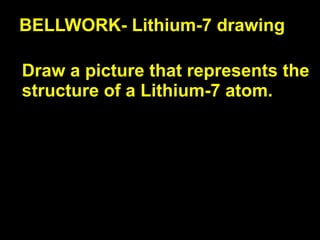BELLWORK- Lithium-7 drawing

Draw a picture that represents the
structure of a Lithium-7 atom.
 