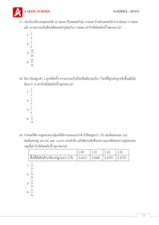A SEED SCHOOL H-SERIES : APAT1
21
17. กล่องใบหนึ่งบรรจุหลอดไฟ 12 หลอด เป็นหลอดชารุด 3 หลอด ถ้าหยิบหลอดไฟ จากกล่องมา 4 หลอด
แล้ว ความน่าจะเป็นที่จะได้หลอดชารุดไม่เกิน 1 หลอด เท่ากับข้อใดต่อไปนี้ (ตุลาคม-52)
1.
1
3
2.
1
4
3.
14
99
4.
14
55
18. ในการโยนลูกเต๋า 2 ลูกหนึ่งครั้ง ความน่าจะเป็นที่จะได้แต้มรวมเป็น 7 โดยที่มีลูกเต๋าลูกหนึ่งขึ้นแต้มไม่
น้อยกว่า 4 เท่ากับข้อใดต่อไปนี้ (ตุลาคม-52)
1.
1
3
2.
1
4
3.
1
6
4.
1
12
19. กาหนดให้ความสูงของคนกลุ่มหนึ่งมีการแจกแจงปกติ ถ้ามีคนสูงกว่า 145 เซนติเมตรและ 165
เซนติเมตรอยู่ 84.13% และ 15.87% ตามลาดับ แล้วสัมประสิทธิ์ของความแปรผันของความสูงของคน
กลุ่มนี้เท่ากับข้อใดต่อไปนี้ (ตุลาคม-52)
1.00 1.12 1.14 1.16
พื้นที่ใต้เส้นโค้งปกติมาตรฐานจาก 0 ถึง 0.3413 0.3686 0.3729 0.3770
1.
1
31
2.
2
31
3.
3
31
4.
4
31
 