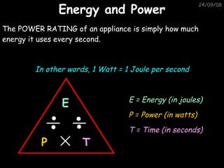 Energy and Power 05/06/09 The POWER RATING of an appliance is simply how much energy it uses every second. In other words, 1 Watt = 1 Joule per second E = Energy (in joules) P = Power (in watts) T = Time (in seconds) E T P 