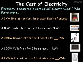 The Cost of Electricity 05/06/09 Electricity is measured in units called “kilowatt hours” (kWh).  For example… A 3kW fire left on for 1 hour uses 3kWh of energy A 1kW toaster left on for 2 hours uses 2kWh A 0.5kW hoover left on for 4 hours uses __kWh A 200W TV left on for 5 hours uses __kWh A 2kW kettle left on for 15 minutes uses __kWh 