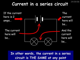 Current in a series circuit 05/06/09 In other words, the current in a series circuit is THE SAME at any point If the current here is 2 amps… The current here will be… The current here will be… And the current here will be… 