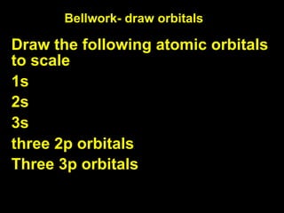 Bellwork- draw orbitals

Draw the following atomic orbitals
to scale
1s
2s
3s
three 2p orbitals
Three 3p orbitals
 