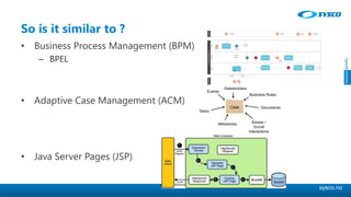 sysco.no
So is it similar to ?
• Business Process Management (BPM)
– BPEL
• Adaptive Case Management (ACM)
• Java Server Pages (JSP)
 