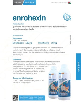 A Jordanian Animal Health Organization
enrohexin
Quinolone antibiotic with added bromhexine to treat respiratory
tract diseases in animals.
Composition
Each 1 mL contains:
Enrofloxacin	 100 mg	 Bromhexine	 10 mg
Enrofloxacin belongs to the group of quinolones and acts bactericidal
against mainly Gram-negative bacteria like Campylobacter, E. coli,
Haemophilus, Pasteurella, Salmonella and Mycoplasma spp. Bromhexine
is a mucolytic.
Indications
For the treatment and control of respiratory infections associated
with Mycoplasma spp., Pasteurella multocida., Haemophillus
paragalinarum, Chronic Respiratory Disease (CRD),
in some infections produced by susceptible
strains of Staphylococcus, and also for other
enrofloxacin-susceptible bacteria.
Dosage and Administration
1 Litre / 1000 Litres of drinking water or as
advised by a veterinarian.
PRIMARY FUNCTION
NUTRITION FACTS
liquidmedicinal
Classification
Medicinal
Product Code
AVM06
Packing
1 Litre
antibiotic
antibioticaddvet
 
