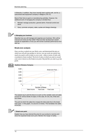 Business planning
12
in Motorola. In addition, they have recently been working with, and for, a
subcontract test equipment company in Belgium (ITE nv).
Most of their time is spent on manufacturing activities. However, the
additional work of managing the company is divided thus:
• Michael: manage production, general admin, financial control and
stock.
• Garry: promote company, sales, quotes and design drawings.
6. Managing your business
Describe how you will manage and organise your business. Who will be
invloved and what are their skills? What are their development needs?
Include an explanation of how you will monitor business performance from
start up.
Break-even analysis
Once you have worked out your likely costs, and determined the price at
which you will sell your product or service, you can work out exactly how
much you need to sell in order to cover costs - either in terms of units sold
or productive hours worked. The level of sales at which you start to exceed
your costs is known as the break-even point. Beyond this you start to go into
profit.
Hawthorn Brewery Company
The easiest way to plot the lines is to work out the variable costs and sales
income for various levels of output; in this case, for one, two, three and
four brews.
The point at which the sales line crosses the total costs line is the break-
even point - in this graph, it is around 3.5 brews. This translates into sales
of £4,222.
7. Break even point
Explain how you have derived the price for your product or service and
show the expected break even point. Mention the margin of safety.
0 1 2 3 4
Number of Brews
0
1,000
2,000
3,000
4,000
5,000
Sales Income Total Costs Fixed costs
Break-even Point
 