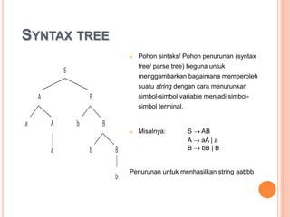 SYNTAX TREE
 Pohon sintaks/ Pohon penurunan (syntax
tree/ parse tree) beguna untuk
menggambarkan bagaimana memperoleh
suatu string dengan cara menurunkan
simbol-simbol variable menjadi simbol-
simbol terminal.
 Misalnya: S  AB
A  aA | a
B  bB | B
Penurunan untuk menghasilkan string : aabbb
 