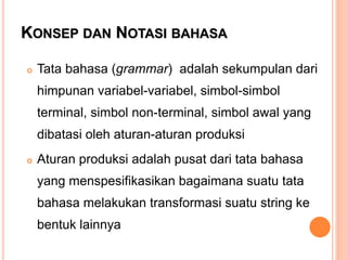 KONSEP DAN NOTASI BAHASA
 Tata bahasa (grammar) adalah sekumpulan dari
himpunan variabel-variabel, simbol-simbol
terminal, simbol non-terminal, simbol awal yang
dibatasi oleh aturan-aturan produksi
 Aturan produksi adalah pusat dari tata bahasa
yang menspesifikasikan bagaimana suatu tata
bahasa melakukan transformasi suatu string ke
bentuk lainnya
 