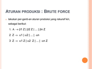 ATURAN PRODUKSI : BRUTE FORCE
 lakukan per-ganti-an aturan produksi yang rekursif kiri,
sebagai berikut :
1. A  1 Z | 2 Z | ... | n Z
2. Z  1 | 2 | ... | n
3. Z  1 Z | 2 Z | ... | n Z
 