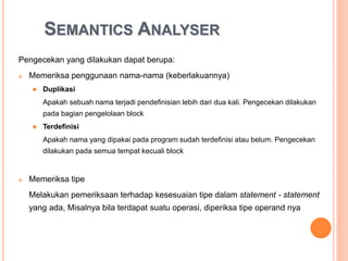 Pengecekan yang dilakukan dapat berupa :
 Memeriksa penggunaan nama-nama (keberlakuannya)
 Duplikasi
Apakah sebuah nama terjadi pendefinisian lebih dari dua kali. Pengecekan
dilakukan pada bagian pengelolaan block
 Terdefinisi
Apakah nama yang dipakai pada program sudah terdefinisi atau belum.
Pengecekan dilakukan pada semua tempat kecuali block
 Memeriksa tipe
Melakukan pemeriksaan terhadap kesesuaian tipe dalam statement -
statement yang ada, Misalnya bila terdapat suatu operasi, diperiksa tipe
operand-nya
SEMANTICS ANALYSER
 