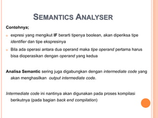 Contohnya;
 expresi yang mengikut IF berarti tipenya boolean, akan diperiksa tipe
identifier dan tipe ekspresinya
 Bila ada operasi antara dua operand maka tipe operand pertama
harus bisa dioperasikan dengan operand yang kedua
Analisa Semantic sering juga digabungkan dengan intermediate code
yang akan menghasilkan output intermediate code.
Intermediate code ini nantinya akan digunakan pada proses kompilasi
berikutnya (pada bagian back end compilation)
SEMANTICS ANALYSER
 