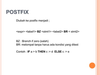 POSTFIX
Diubah ke postfix menjadi ;
<expr> <label1> BZ <stmt1> <label2> BR < stmt2>
BZ : Branch if zero (salah)
BR: melompat tanpa harus ada kondisi yang ditest
Contoh : IF a > b THEN c := d ELSE c := e
 